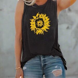 Sunflower Print Sleeveless Tee - Charcoal